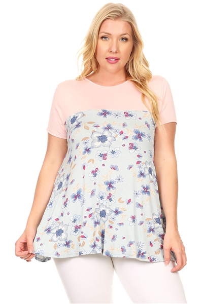 Plus Size Two Tone Floral Top (4075X)-Dusty-blue (6 PC)1X-2X-3X