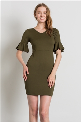 Knit Deep V-Neck Bodycon Dress 1039-Olive