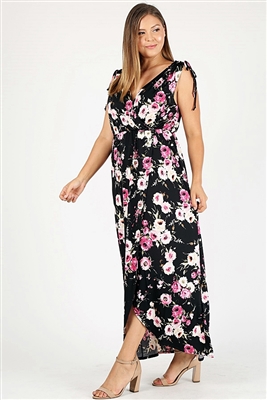 Plus size Faux wrap floral Print Maxi dress 1058XBLK-MAV-6pc