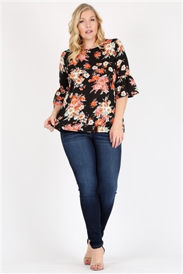 Plus Size 3/4 Bell Sleeve Boat Neck Floral print Top 4065FX-BLACK (6 PC)