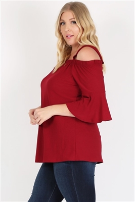 PLUS SIZE COLD SHOULDER BELL SLEEVE TOP 4068X-wine (6 PC)