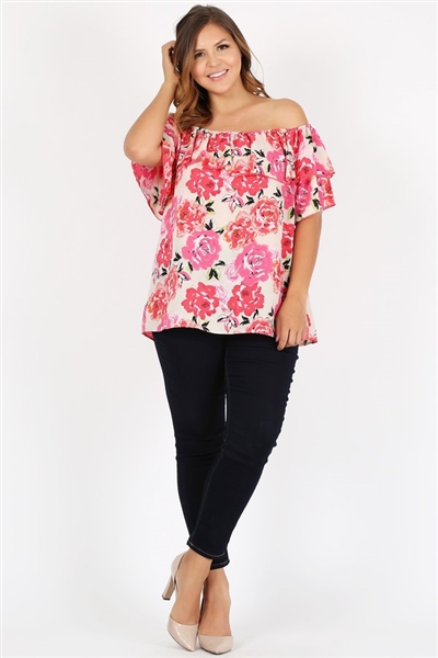 Plus Size Off Shoulder Floral Top 4078XF-Ivory-DK_Rose (6 PC)