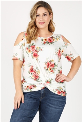 Plus Size Twist Knot cold shoulder printed Top 4101XF-IV-CR (6 PC)