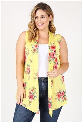 PLUS SIZE OPEN FRONT PRINTED CARDIGAN 4102XF-Yellow-Coral (6 PC)