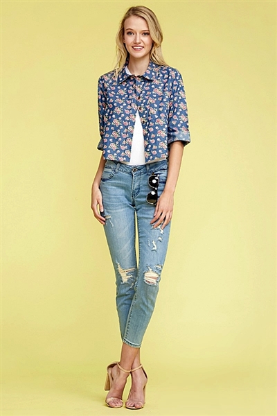 Denim Button Down Floral Crop Top Top DN-165R-NAVY-2 (6 PC)