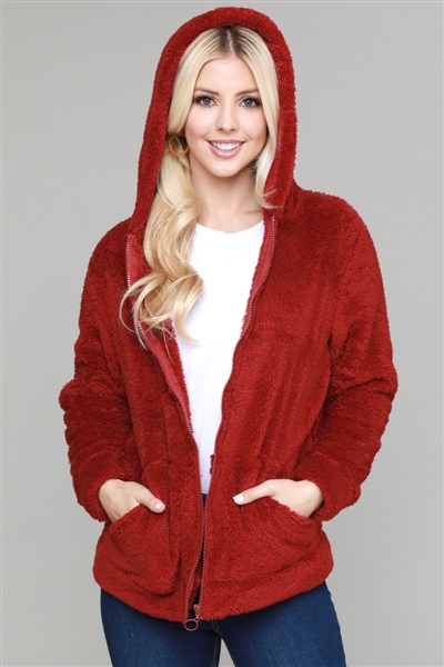 Faux Fur Teddy Bear Zip Up Hoodie Jacket FUR-101-Burgundy