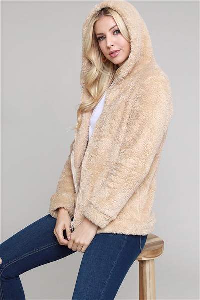 Faux Fur Teddy Bear Zip Up Hoodie Jacket FUR-101-Taupe