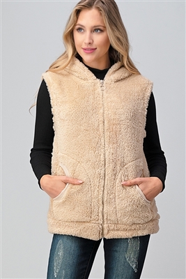 Faux Fur Teddy Bear Zip Up Hoodie vest FUR-104-Cream-6pc