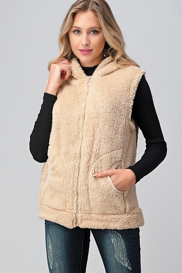 Faux Fur Teddy Bear Zip Up Hoodie vest FUR-104-Cream-6pc