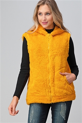 Faux Fur Teddy Bear Zip Up Hoodie vest FUR-104-Mustard-6pc