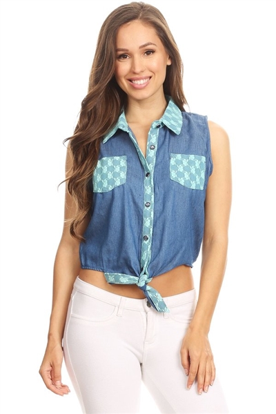 Solid Denim Sleeveless Button Down Crop Top HM-123A-BLUE-MINT (6 PC)