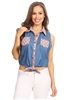 Solid Denim Sleeveless Button Down Crop Top HM-123A-BLUE-PINK (6 PC)