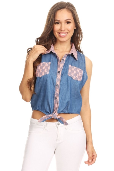 Solid Denim Sleeveless Button Down Crop Top HM-123A-BLUE-PINK (6 PC)