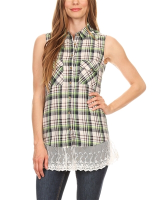 Plaid Front Pocket Laced-Hem Top HT-237-Green