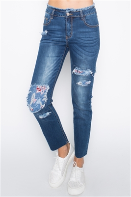 Patchwork  CROPPED distressed denim JEANS P8011