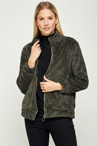 Faux Fur Teddy Bear Zip Up Jacket PJJ-002-Olive