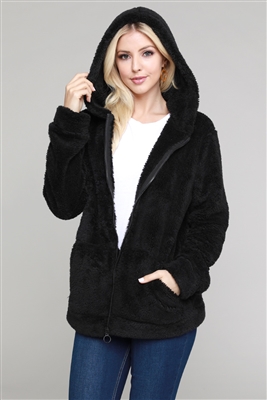 Faux Fur Teddy Bear Zip Up Hoodie Jacket PJJ-003-Black