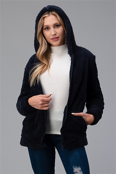 Faux Fur Teddy Bear Zip Up Hoodie Jacket PJJ-003-Navy