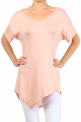 Wholesale V-neck Short Sleeve Asymmetrical Top-PRR-8489-Pink