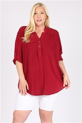 Plus size Koshibo Henley Top WT811X-Burgundy-(6 PC)