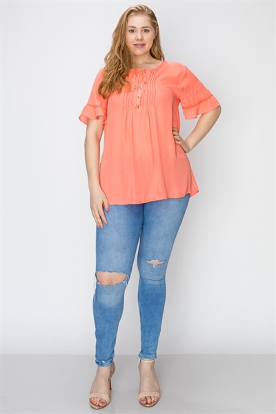 Wool Dobby Pintuck Hi-Low Plus Tunic WT821X-Coral(6 PC)